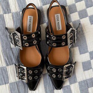 NWOT Steve Madden Graya Black Patent Leather Slingback Flats, Size 7.5